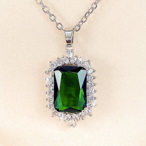 🔥 Rectangle Style Silver Plated Green Color CZ Necklace for Women, HA4478 - Picture 6 of 6